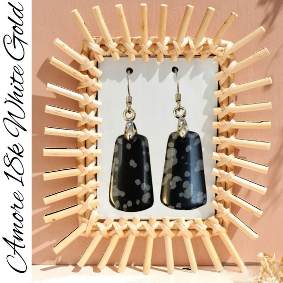 18k white gold Natural Black Snowflake Obsidian Trapezoid Stone Earrings - Picture 6 of 8